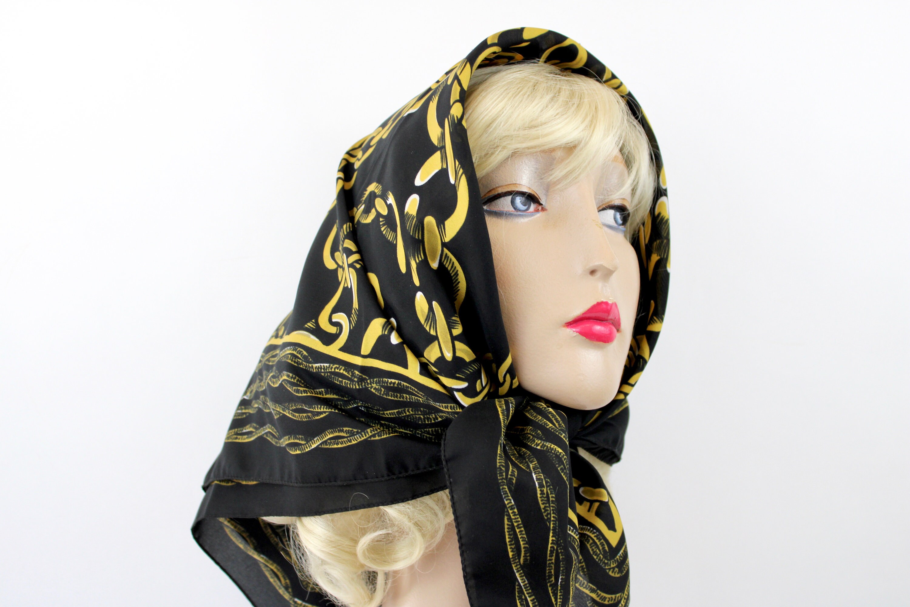 80s Gold Chain Scarf Silky Square Black w Large Gold Chain Links Head Neck Scarf