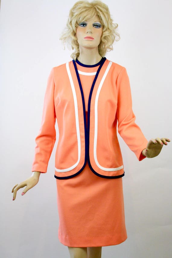 Vintage  Dress w Jacket Peach & Navy Shift Dress … - image 4