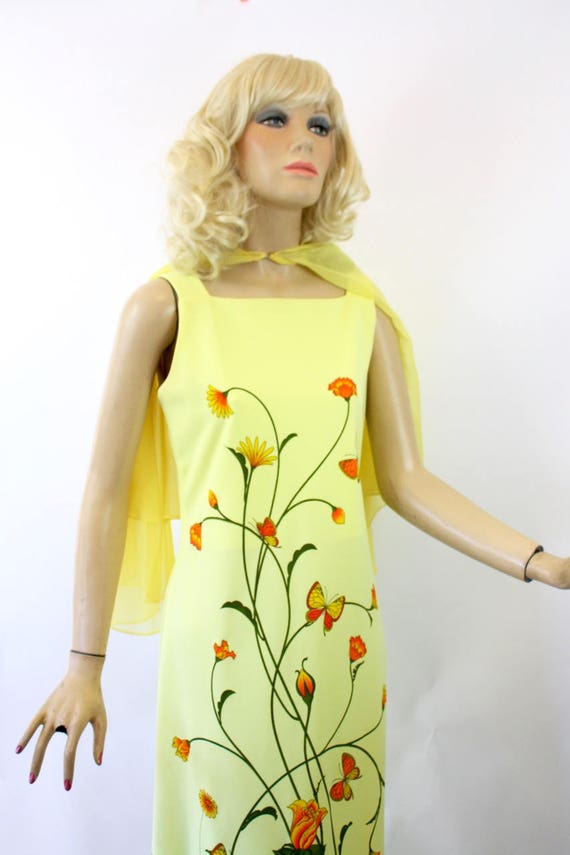 70s Alfred Shaheen Dress & Cape Yellow w Orange R… - image 7