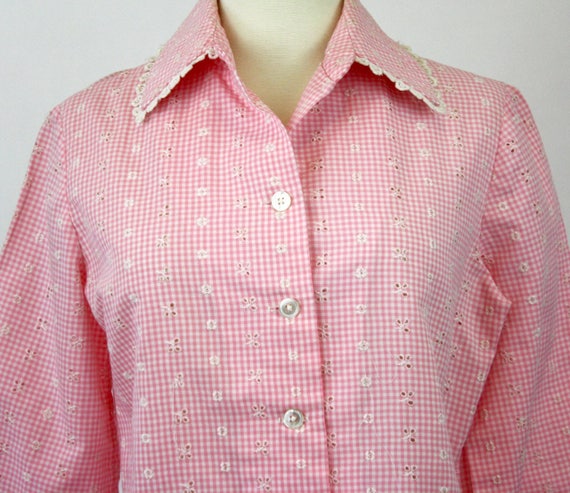 Vintage Blouse Pink Gingham Check Eyelet  Bust 38