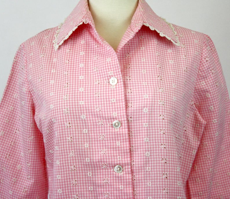 May include: A pink and white gingham button-up shirt with eyelet embroidery and a lace collar.