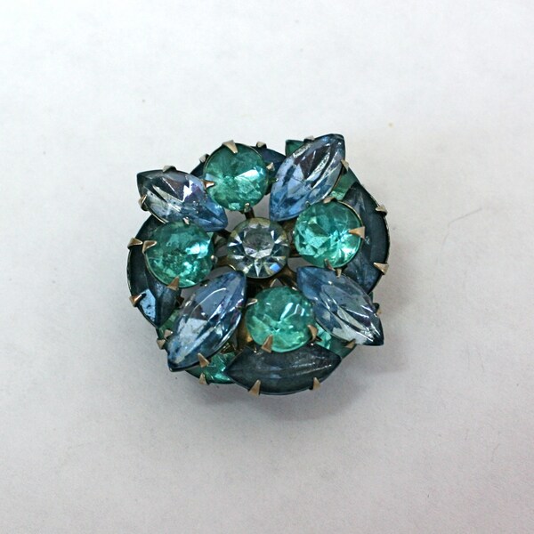 Vintage 50s Rhinestone Brooch Aqua & Blue Topaz Glass Stones