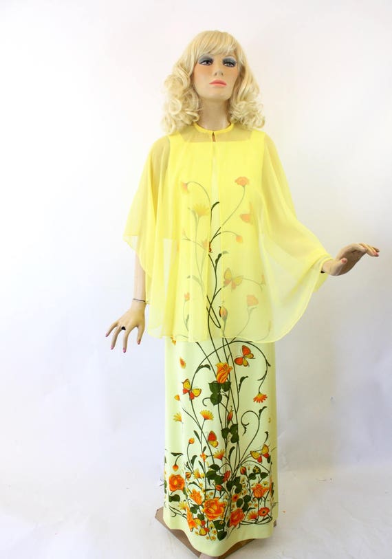 70s Alfred Shaheen Dress & Cape Yellow w Orange R… - image 3