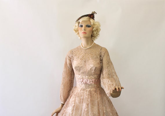 Vintage Formal Dress Sheer Nude Lace & Pink Satin… - image 7