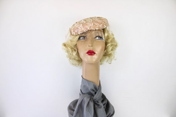 50s Pink Sequin Hat Sculptured w Iridescent Sequi… - image 3