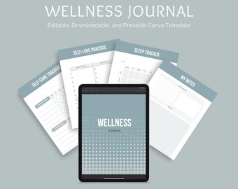 May include: A digital tablet displaying a wellness journal cover with a blue and white polka dot pattern. The text "WELLNESS JOURNAL" is displayed on the cover. The tablet is surrounded by printable pages for a self-care tracker, self-love practice, sleep tracker, and notes.