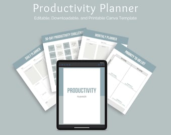 May include: A digital productivity planner template with a blue background. The template includes a daily planner, a 30-day productivity challenge, a monthly planner, and a priority to-do list.