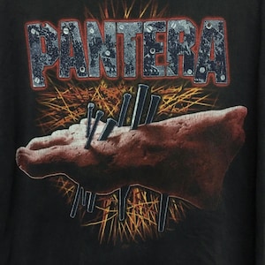 May include: Black t-shirt with a graphic of the band Pantera. The graphic features a foot with nails hammered through it, surrounded by a fiery orange and yellow background.