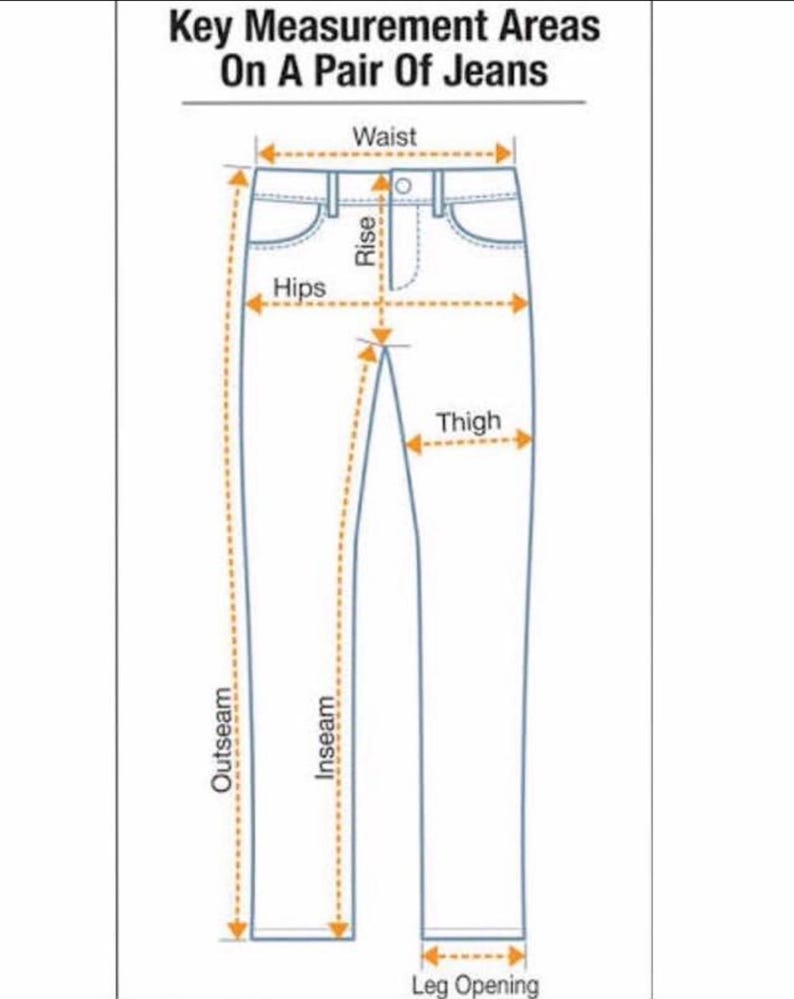 May include: Diagram showing key measurement areas on jeans, including waist, hips, rise, thigh, outseam, inseam, and leg opening. The text at the top reads "Key Measurement Areas On A Pair Of Jeans."