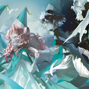 May include: An artistic illustration featuring figures in flowing teal and white garments, with accents of pink and black. The artwork has a dreamlike quality, with soft lighting and stylized details. The word "aceryx" is visible in the bottom centre.