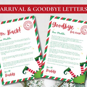 Cartas editables de llegada y despedida de elfo Carta imprimible de elfo navideño Carta de elfo "Estoy de regreso" Carta descargable de despedida de elfo para niños Paquete