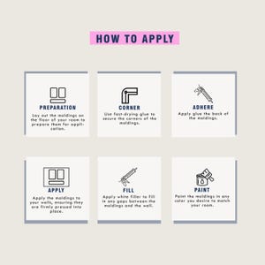 May include: A graphic with the text "HOW TO APPLY" and six steps for applying moldings. The steps include preparation, corner application, adhering, applying, filling gaps, and painting. Each step has a corresponding icon and brief instructions.