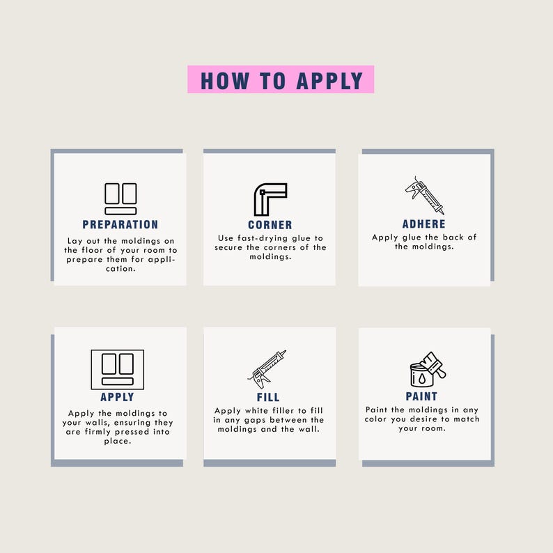 May include: A graphic with the text "HOW TO APPLY" and six steps for applying moldings. The steps include preparation, corner application, adhering, applying, filling gaps, and painting. Each step has a corresponding icon and brief instructions.