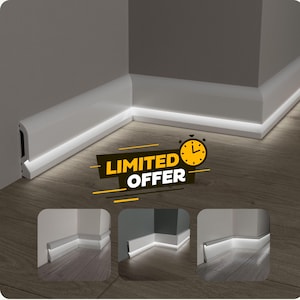 LED Baseboard White Polymer Floor Molding - Skirting Board Trim for Modern Bathroom Wall Accent Decor Ideas Each is 7&#39;/2.4m, LED Not Incl.