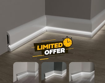 White Polymer Floor Molding: Modern LED Baseboard Trim (7&#39;/2.4m)