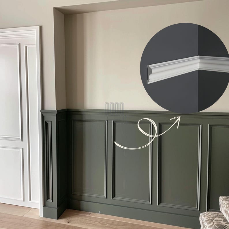 May include: A room corner featuring olive green wainscoting with white trim and a white door. A close-up shows a section of white crown molding. The wall is painted a neutral beige color.