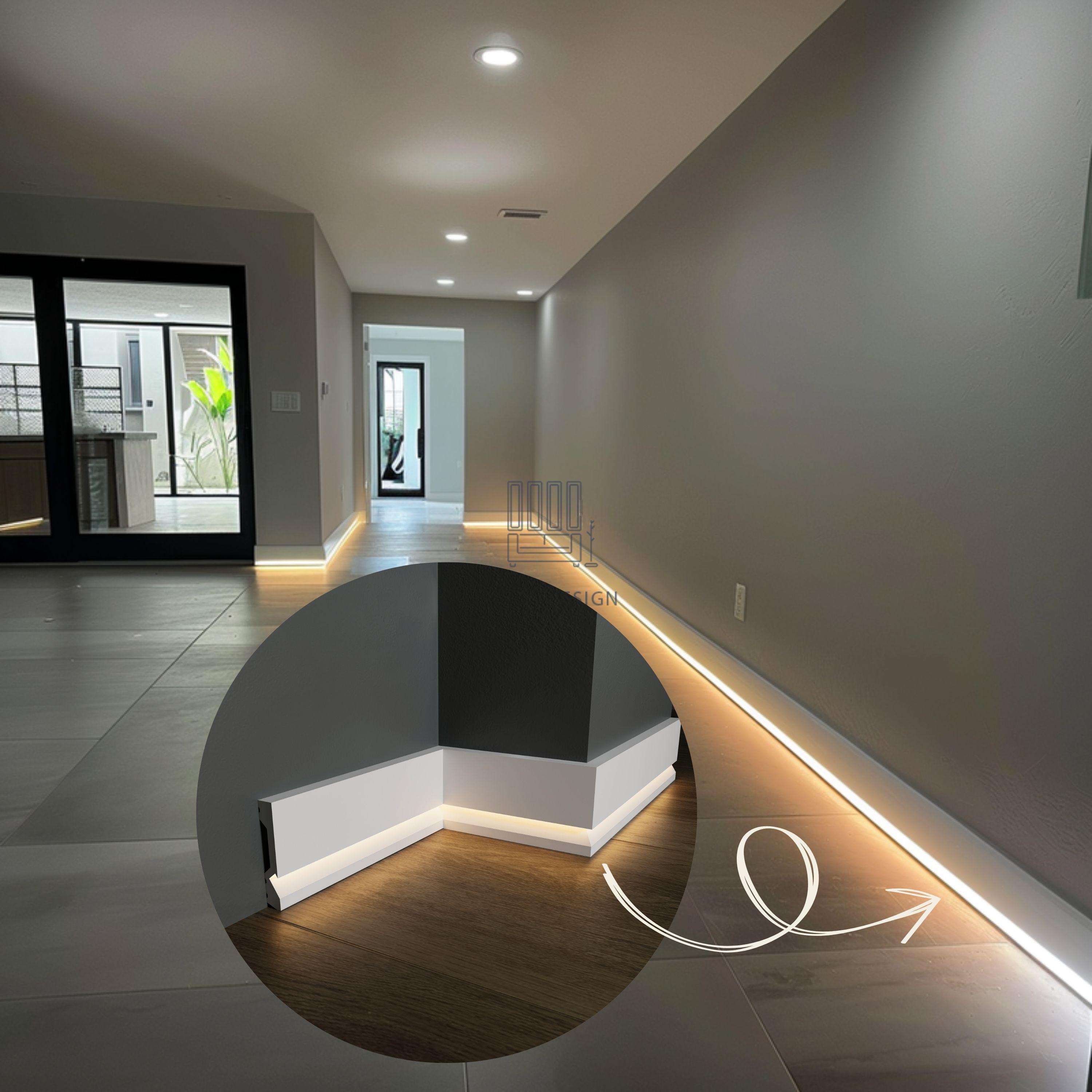 Led Baseboard Molding, White Durable Polimer Floor Moulding, Skirting Boards, Trim Wall Accent Decor  Each is W7' /240cm - LED Light Option