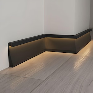 Dark Baseboard Molding H4.3&#39;&#39; Black Thick Baseboard, White LED Skirting Board, Durable Polimer Floor Moulding,Accent Trim Each is W7&#39;/240cm