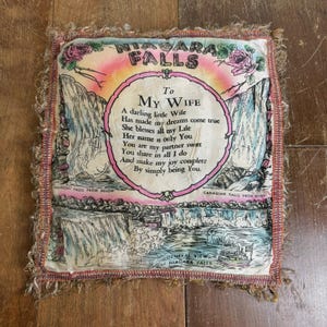 Vintage 1940s 1950s Niagara Falls To My Wife Satin souvenir pillow with fringe
