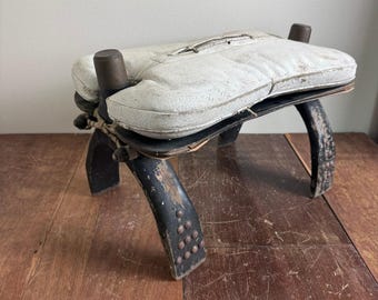 Vintage Camel Saddle Stool with Original White Leather Cushion