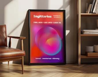 Aura zodiaku Strzelca do druku, plakat astrologiczny z ogniem, dekoracja horoskopu Kosmicznego Łucznika, prezent dla Strzelca, natychmiastowe pobranie