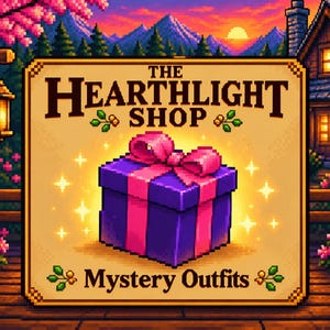May include: A pixel art sign for The Hearthlight Shop featuring a purple gift box with a bright pink ribbon centered on a tan background. The text reads The Hearthlight Shop and Mystery Outfits, accented by small green leaf and berry illustrations.
