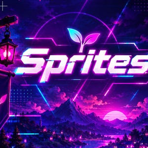 Puede incluir: Un gráfico digital que presenta la palabra Sprites en una fuente de neón audaz, blanca y morada, con un icono de hoja brillante encima. El fondo muestra un paisaje vibrante en tonos morados y azules con montañas, un atardecer y un farol.