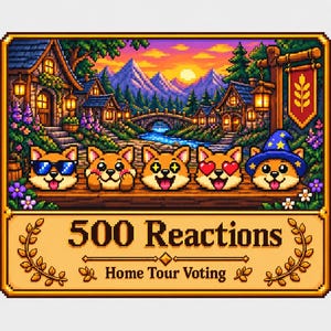 Op de afbeelding: Een pixel art afbeelding met vijf Shiba Inu hondenkoppen met verschillende uitdrukkingen boven een tekstvak met de tekst 500 Reactions Home Tour Voting. De achtergrond toont een dorp met huizen, een brug en bergen bij zonsondergang.