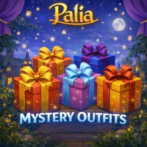 May include: An illustration featuring five colorful gift boxes with large bows. The boxes are red, blue, purple, and yellow, set against a night sky with the word "Palia" and "MYSTERY OUTFITS" in the image.