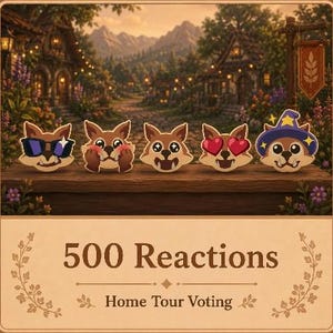 May include: Five brown fox-like character icons with various expressions including sunglasses, blushing, star eyes, heart eyes, and a wizard hat, arranged on a wooden ledge. Below, the text reads 500 Reactions and Home Tour Voting.