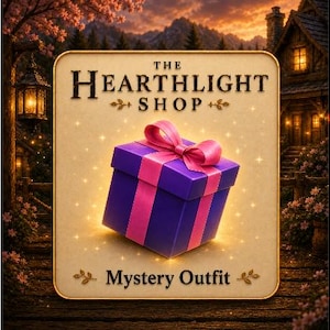 May include: A square sign with rounded corners featuring the text THE HEARTHLIGHT SHOP at the top and Mystery Outfit at the bottom. In the center, a purple gift box with a bright pink ribbon and bow is surrounded by a glowing golden light effect.