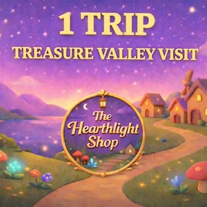 Puede incluir: Ilustración fantástica con el texto "1 TRIP TREASURE VALLEY VISIT" sobre un emblema circular que dice "The Hearthlight Shop". La imagen presenta un paisaje caprichoso con setas, casas y un lago bajo un cielo estrellado.
