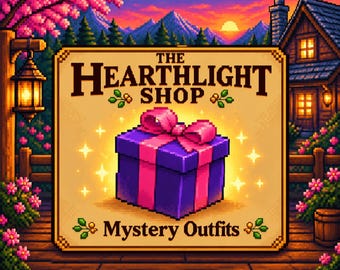 Könnte beinhalten: Ein Pixel-Art-Schild für The Hearthlight Shop mit einem violetten Geschenk mit leuchtend rosa Schleife auf beigem Hintergrund. Der Text lautet The Hearthlight Shop und Mystery Outfits, verziert mit kleinen Illustrationen von Blättern und Beeren.