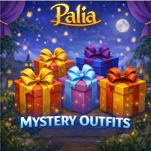 May include: An illustration featuring five colorful gift boxes with large bows. The boxes are red, blue, purple, and yellow, set against a night sky with the text "Palia" and "Mystery Outfits".
