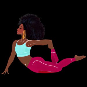 Puede incluir: Una mujer con cabello oscuro y rizado está haciendo una pose de yoga. Lleva un sujetador deportivo azul claro y leggings rosas. Su pierna izquierda está doblada y su pierna derecha está recta detrás de ella.