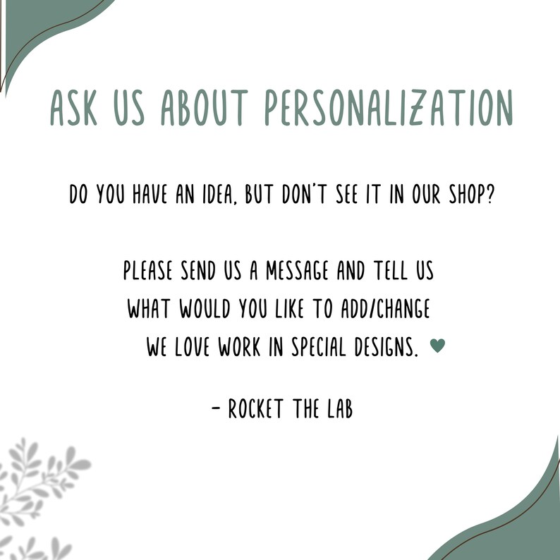 K&ouml;nnte beinhalten: Wei&szlig;er Hintergrund mit dem Text "ASK US ABOUT PERSONALIZATION". Der Text geht weiter mit "DO YOU HAVE AN IDEA, BUT DON'T SEE IT IN OUR SHOP?" und "PLEASE SEND US A MESSAGE AND TELL US WHAT WOULD YOU LIKE TO ADD/CHANGE".