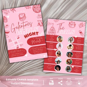 Galentines Girls Night Invitation, Template Printable Galentines Party Invite, Coquette Pink Bow, Valentine&#39;s Day Red Heart Galentine&#39;s Day