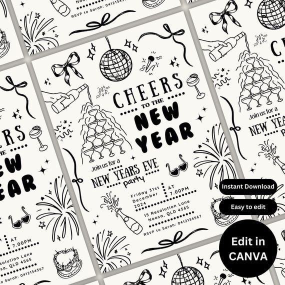 EDITABLE New Years Eve Party Invite, Whimsical New Years Eve Invitation, Happy New Year 2025, NYE Party Invitation Template, New Years Flyer