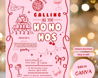 HoHoHos Whimsical Christmas Invite Flyer, Friendsmas Downloadable Party Invite, Coquette Ladies Night Christmas Invite, Game Night Flyer