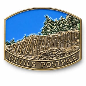 May include: A rectangular metal pin with rounded corners featuring a relief of the Devils Postpile geological formation in bronze tones, green pine trees, and a bright blue sky background. The text DEVILS POSTPILE is embossed in gold lettering.