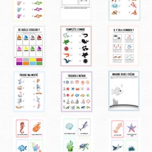 Puede incluir: Un conjunto de hojas de actividades educativas imprimibles para niños con ilustraciones y actividades sobre el tema del océano. Las actividades incluyen la combinación de colores, el conteo, la búsqueda de la imagen intrusa y la complementación de una sombra.