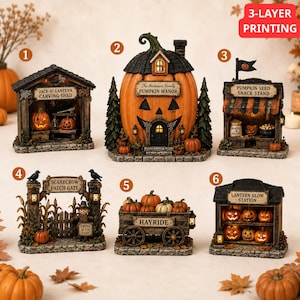 May include: A set of six miniature Halloween-themed structures featuring 3-layer printing. Includes a Jack-O-Lantern Carving Shed, Pumpkin Manor, Pumpkin Seed Snack Stand, Scarecrow Patch Gate, Hayride wagon, and Lantern Glow Station with illuminated details.