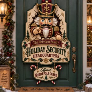 Peut inclure: Une plaque de porte décorative en bois représentant un casse-noisette, avec le texte The Harrison Family HOLIDAY SECURITY HEADQUARTERS et une petite pancarte suspendue Official NORTH POLE GUARD, agrémentée de motifs de sucre d'orge et de flocons.