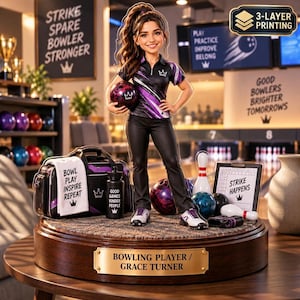 May include: A custom 3D-printed figurine of a bowling player named Grace Turner, standing on a circular wooden base with a brass plaque. The figure wears a purple and black polo shirt and black pants, holding a bowling ball. Accessories include a bowling bag with a towel reading BOWL PLAY INSPIRE REPEAT, a water bottle, a bowling pin, and a scoreboard sign reading STRIKE HAPPENS.