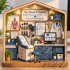 Pode incluir: Um diorama em miniatura de um consultório médico com moldura de madeira, mesa de exame, jaleco branco, monitor de computador com 'Your Health Our Priority' e placas com 'Dr. David Kirkland Family Physicians of Tidewater'.