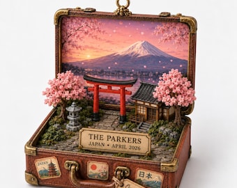 Japan Travel 2D Ornament, Mount Fuji Cherry Blossom Keepsake, Torii Gate Vacation Memory, Family Trip Ornament