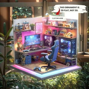カスタム 2D フラット ゲーマールーム オーナメント、RGB ゲーミング セットアップ ジオラマ、椅子と LED デスク装飾付き