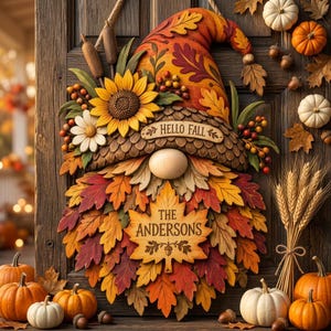 Könnte beinhalten: Ein dekorativer Zwerg-Wandschmuck mit einem Hut, der mit Sonnenblumen, Gänseblümchen und Herbstblättern verziert ist. Ein Holzschild trägt die Aufschrift HELLO FALL und ein zentrales Ahornblatt zeigt den Text THE ANDERSONS, umgeben von Kürbissen.