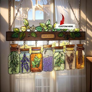 Kruidenpotten acryl Suncatcher, faux gekleurd acryl keukenraam hangend, botanische Mason Jar decor, tuinliefhebber cadeau voor haar