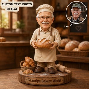 May include: A figurine of a baker holding a loaf of bread, wearing a chef's hat and apron. A small basket of croissants and a rolling pin are on the wooden base. The base is inscribed with "Grandpa Bakery World". A photo of the baker is in a circle.
